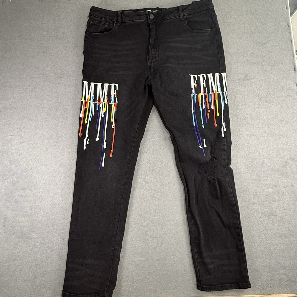 Homme‎ + Femme Denim Project Distressed Black Jeans Mens 44 Letterman Drip